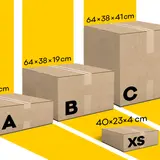 Pudełka InPost Gabaryt B: A (64x38x8cm), B (64x38x19cm), C (64x38x41cm) i XS (40x23x4cm).
