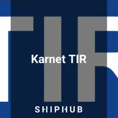 Duże białe litery TIR na granatowym tle. Poniżej napis "Karnet TIR SHIPHUB".