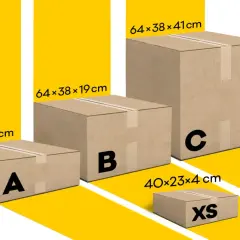 Różne rozmiary kartonów, od XS do C, idealne do przesyłki niestandardowe. Wymiary: 40x23x4 cm, 64x38x8 cm, 64x38x19 cm, 64x38x41 cm.