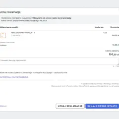 Uznanie reklamacji z propozycją zwrotu 64,99 zł. Możliwe są **szybkie zwroty** po zaakceptowaniu.