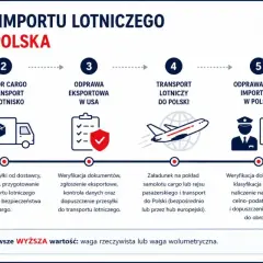 Proces importu lotniczego USA-Polska: od dostawcy, przez odprawę eksportową i celną importową, po dostawę.