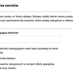 Ustawienia zwrotów: klient ma 14 dni na zwrot towaru. Zaznaczono opcję zwrotu towarów z oferty specjalnej.