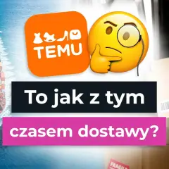 Temu logo, emoji z monoklem, statek towarowy i kurier z paczką. Zastanawiasz się, ile idzie paczka z Temu?