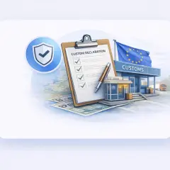 Dokument "Custom Declaration" na tle budynku celnego z flagą UE. Odprawa fiskalna przebiega sprawnie dzięki zaznaczonym punktom.