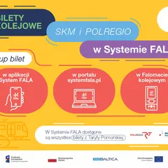 Kup bilety kolejowe SKM i POLREGIO w Systemie FALA! Dostępne w aplikacji, na stronie systemfala.pl i w Falomacie kolejowym.