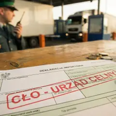 Na stole leży deklaracja celna z pieczątką "URZĄD CELNY". W tle widać funkcjonariusza Straży Granicznej i ciężarówkę, co sugeruje sytuację, kiedy płacimy cło w UE.