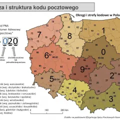 Mapa Polski z podziałem na okręgi i strefy kodowe. Pokazuje strukturę kodów pocztowych we Francji.