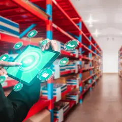 Osoba w garniturze zarządza magazynem za pomocą tabletu, wizualizując procesy logistyki międzynarodowej.