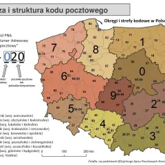 Mapa Polski z podziałem na okręgi i strefy kodowe. Pokazuje, ile jest kodów pocztowych w Polsce, podzielonych na 9 głównych okręgów.