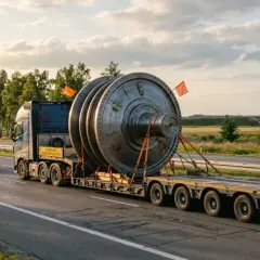 Przewożąc ładunek gabarytowy, ciężarówka z ogromnym elementem turbiny jedzie autostradą, a przed nią jedzie żółty pojazd pilotujący.