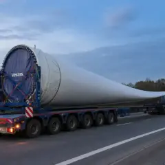 Długie łopaty turbiny wiatrowej Vestas transportowane na specjalnej naczepie. Konwencja tirów z takimi ładunkami to wyzwanie logistyczne.