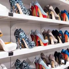 Półki pełne eleganckich szpilek, w tym wzorzyste buty z motywem biżuterii, idealne na zwrot butów CCC.