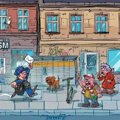 Następnego dnia listonosz radośnie biegnie z listem, mijając zdenerwowanych mieszkańców i szczekającego psa.