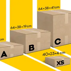 Pudełka InPost Gabaryt B: A (64x38x8cm), B (64x38x19cm), C (64x38x41cm) i XS (40x23x4cm).