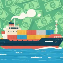 Statek towarowy z kontenerami płynie po morzu, a w tle unoszą się banknoty. Ilustracja wyjaśnia, czym jest demurrage.