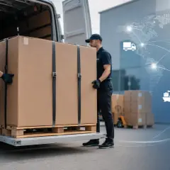 Dwóch mężczyzn ładuje dużą paczkę na palecie do ciężarówki. Globalna sieć logistyczna z ikonami transportu sugeruje tanią paletę w akcji.