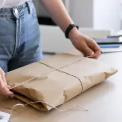 Ręce zawiązują sznurkiem paczkę w brązowym papierze. Gdzie nadać mini paczkę Poczta Polska?