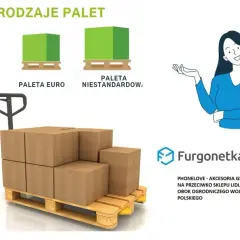 Wysyłka półpalety najtaniej. Półpaleta z kartonami gotowa do transportu. Obok grafiki przedstawiające rodzaje palet i uśmiechniętą kobietę.