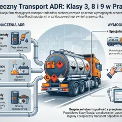 Ciężarówka ADR przewozi materiały niebezpieczne klas 3, 8 i 9. Ilustracja pokazuje oznaczenia ADR, wymagania dla kierowcy i dokumentację.