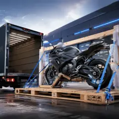 Czarny motocykl na palecie czeka na wysyłkę kurierem. Ciężarówka z logo Tania Paczka.net gotowa do odbioru.