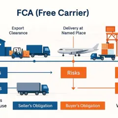 Schemat FCA (Free Carrier) pokazuje podział kosztów i ryzyka między sprzedawcą a kupującym. Kluczowe są warunki dostawy FCA.