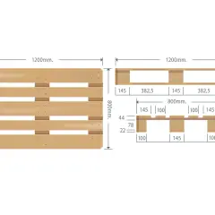 Schemat palety ISO z wymiarami: 1200x800 mm. Widok z góry i z boku z podanymi szczegółowymi wymiarami elementów.