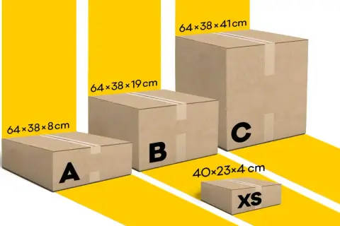 Różne rozmiary kartonów, od XS do C, idealne do przesyłki niestandardowe. Wymiary: 40x23x4 cm, 64x38x8 cm, 64x38x19 cm, 64x38x41 cm.