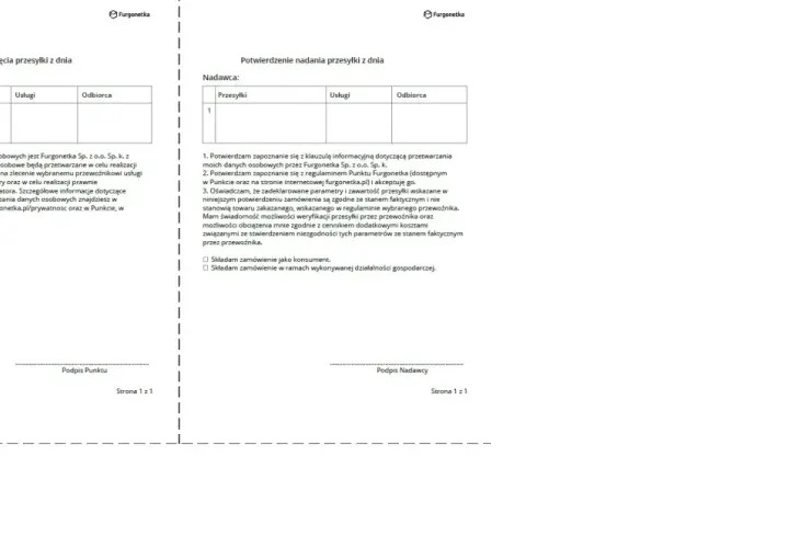 Dokumenty Furgonetki dotyczące potwierdzenia przyjęcia i nadania przesyłki. Czy kurier ma obowiązek poczekać na sprawdzenie paczki? Dokumenty nie precyzują tego bezpośrednio.
