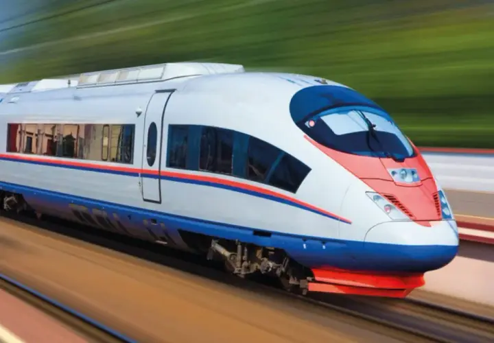 Szybki pociąg z czerwono-niebieskimi pasami mknie po torach. To idealny środek transportu dla każdej przesyłki konduktorskiej.