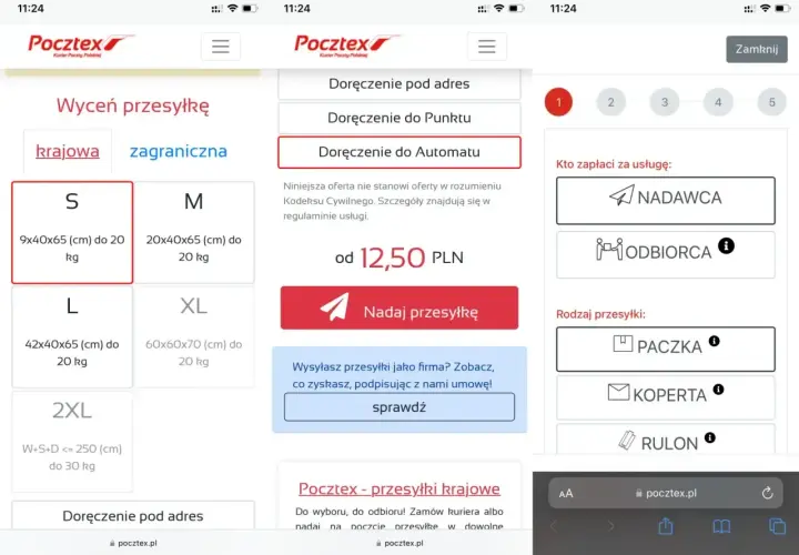 Strona Pocztex.pl pozwala na wycenę i nadanie przesyłki. Można wybrać rozmiar paczki, opcję doręczenia (do automatu, punktu lub pod adres) i kto zapłaci za usługę.