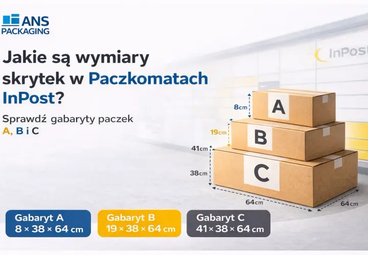 Wymiary paczek A, B, C do Paczkomatów InPost: A (8x38x64cm), B (19x38x64cm), C (41x38x64cm).