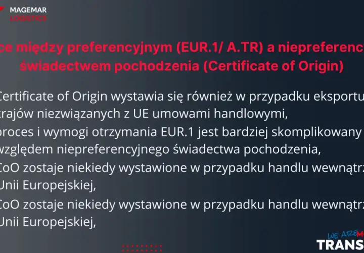 Różnice między preferencyjnym (EUR.1) a niepreferencyjnym świadectwem pochodzenia. EUR.1 jest bardziej skomplikowane.
