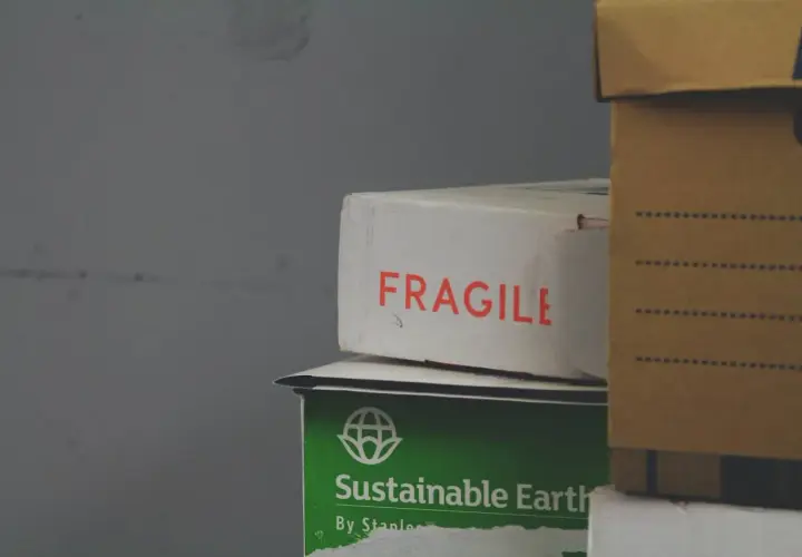 Paczka przyjęta w oddziale. Na białym kartonie napis "FRAGILE", pod nim zielony z napisem "Sustainable Earth". Obok brązowe pudło.