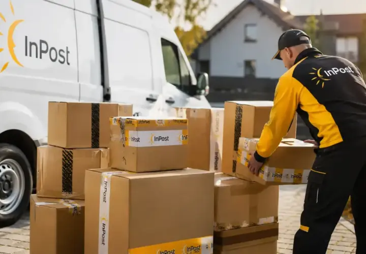 Kurier InPost odbiera paczki. Kiedy będzie moja przesyłka? Stos paczek czeka na odbiór przez kuriera InPost.