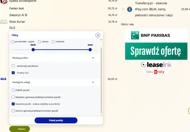 Filtrowanie punktów nadania GLS: zaznaczone "Punkty GLS" i "Nadanie paczki - (zakup etykiety w punkcie)".