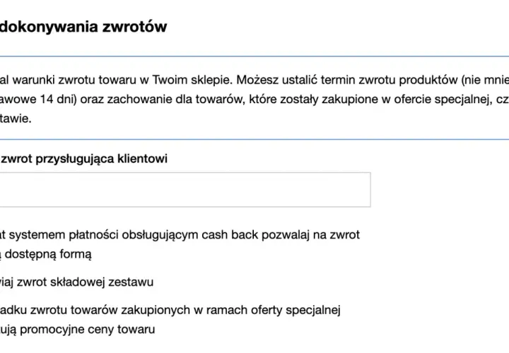 Ustawienia zwrotów: klient ma 14 dni na zwrot towaru. Zaznaczono opcję zwrotu towarów z oferty specjalnej.