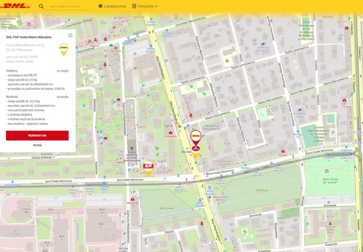 Mapa Warszawy z zaznaczonym punktem DHL. Możliwość nadania paczki DHL do 31,5 kg i wymiarach 120x60x60 cm.