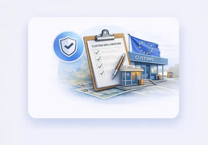 Dokument "Custom Declaration" na tle budynku celnego z flagą UE. Odprawa fiskalna przebiega sprawnie dzięki zaznaczonym punktom.