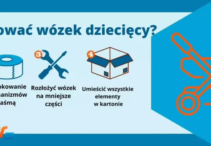 Instrukcja jak zapakować wózek do wysyłki: wyczyść, zablokuj mechanizmy, rozłóż, spakuj do kartonu.