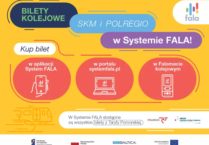Kup bilety kolejowe SKM i POLREGIO w Systemie FALA! Dostępne w aplikacji, na stronie systemfala.pl i w Falomacie kolejowym.
