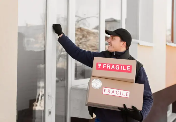 Kurier z paczkami z napisem "FRAGILE" puka do drzwi, realizując wysyłkę szyby samochodowej kurierem.