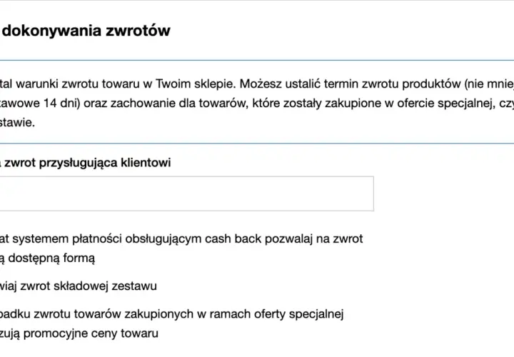 Ustawienia zwrotu towaru zakupionego przez internet: 14 dni na zwrot, możliwość zwrotu zestawu.
