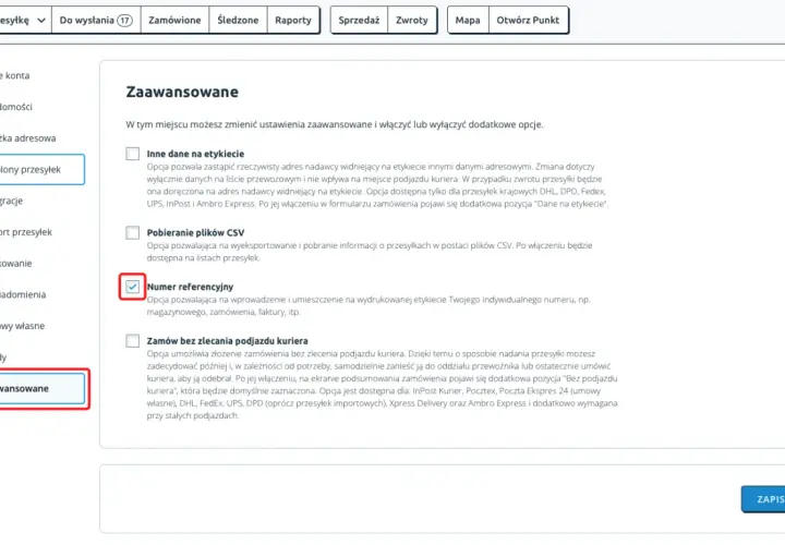 Ustawienia zaawansowane: włączony numer referencyjny, który może być dpd numer przesyłki na etykiecie.