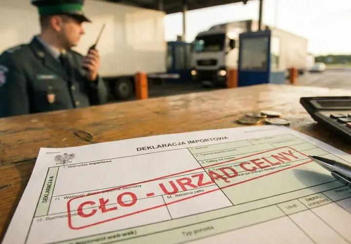 Na stole leży deklaracja celna z pieczątką "URZĄD CELNY". W tle widać funkcjonariusza Straży Granicznej i ciężarówkę, co sugeruje sytuację, kiedy płacimy cło w UE.