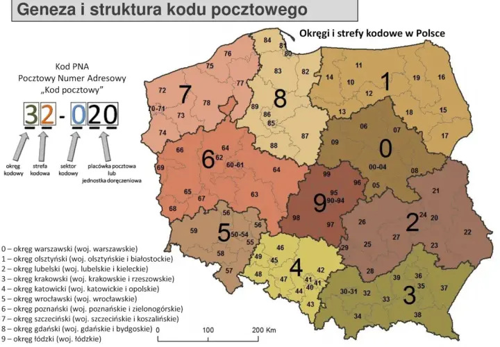 Mapa Polski z podziałem na okręgi i strefy kodowe. Pokazuje strukturę kodów pocztowych we Francji.