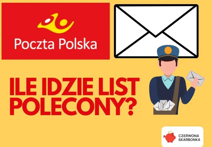Poczta Polska pyta: ile idzie list polecony? Grafika z listonoszem i kopertami.