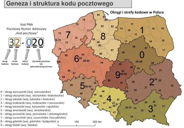 Mapa Polski z podziałem na okręgi i strefy kodowe. Pokazuje, ile jest kodów pocztowych w Polsce, podzielonych na 9 głównych okręgów.
