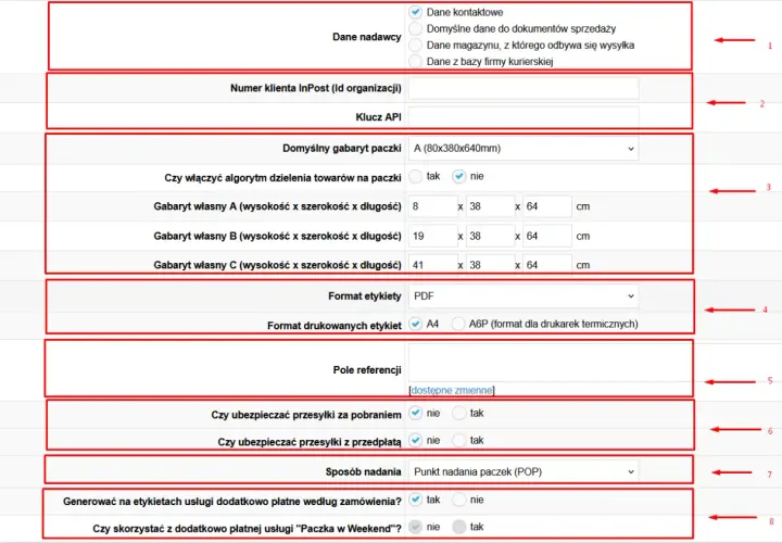 Ustawienia InPost: dane nadawcy, gabaryty paczek, format etykiet, ubezpieczenia, sposób nadania. Po wybraniu opcji "tak" dla "Paczka w Weekend", przesyłka **inpost przekazano do doręczenia** szybciej.