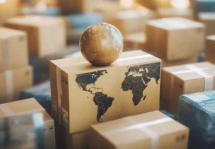 Ziemia na kartonie z mapą świata symbolizuje FedEx przesyłki międzynarodowe.