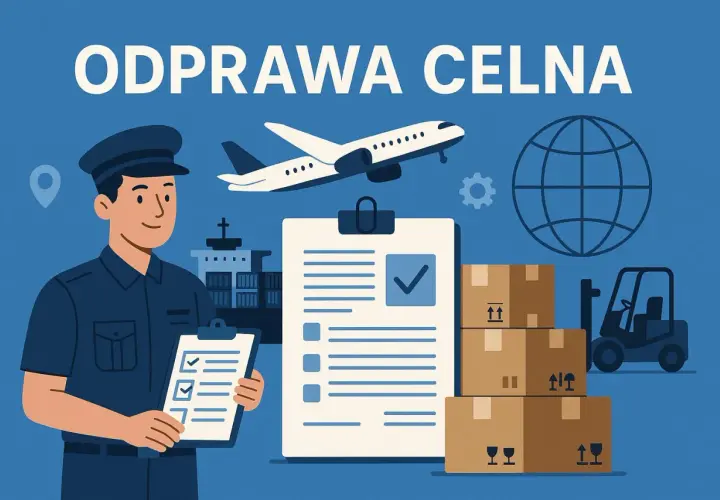 Celnik z listą kontrolną, samolot, statek, globus i paczki. Dowiedz się, ile trwa odprawa celna i jak ją usprawnić.